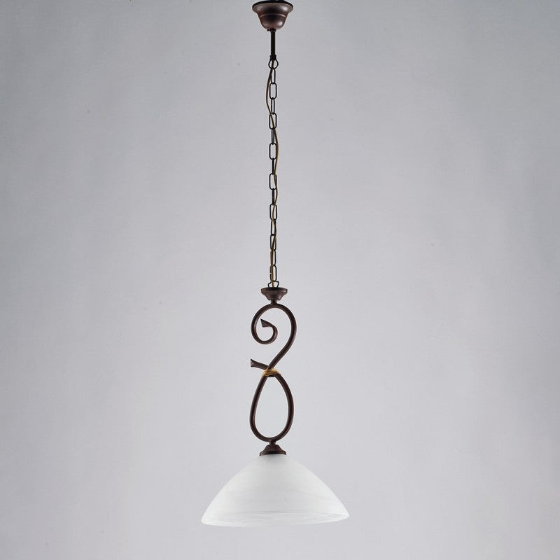 Lampadario in ferro Nero ruggine una luce paralume vetro Alabastro bianchi 30x h52 cm