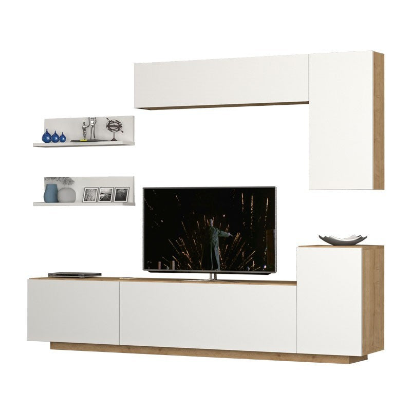 Parete attrezzata 3 ribalte con pensili bianco rovere 200x35xh.40/60 cm