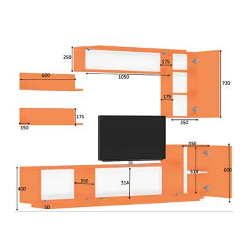 Parete attrezzata 3 ribalte con pensili bianco rovere 200x35xh.40/60 cm