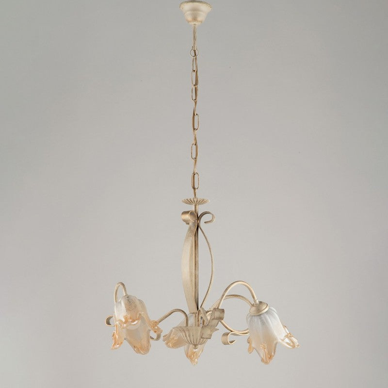 Lampadario cucina in ferro Avorio Oro tre luci paralumi Ambra 51x h43 cm