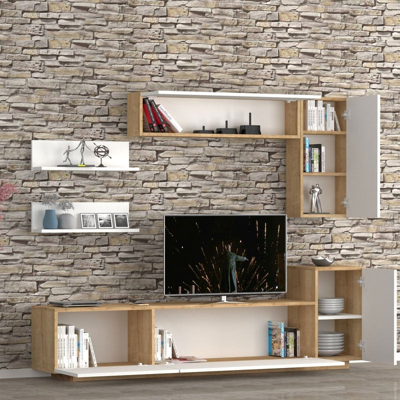 Parete attrezzata 3 ribalte con pensili bianco rovere 200x35xh.40/60 cm