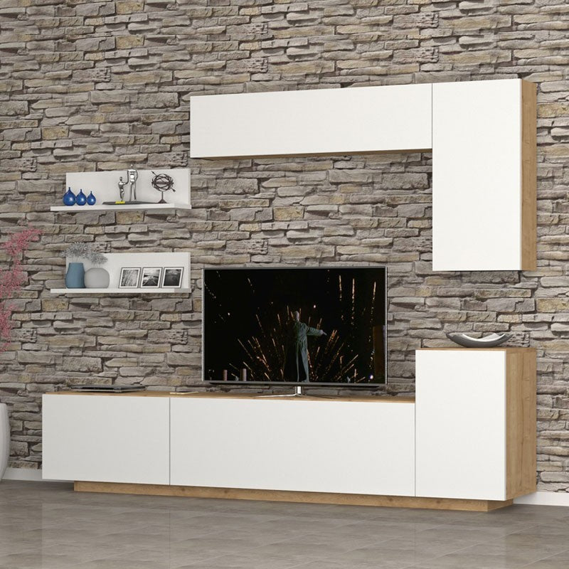 Parete attrezzata 3 ribalte con pensili bianco rovere 200x35xh.40/60 cm