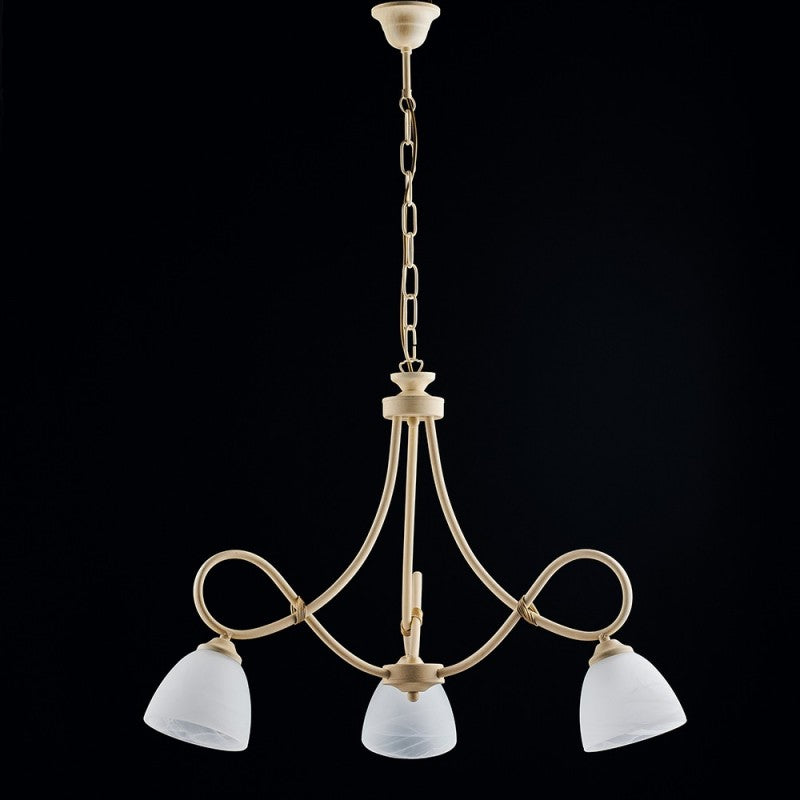 Lampadario in ferro Avorio decape tre luci paralumi in vetro bianchi 58x h52 cm