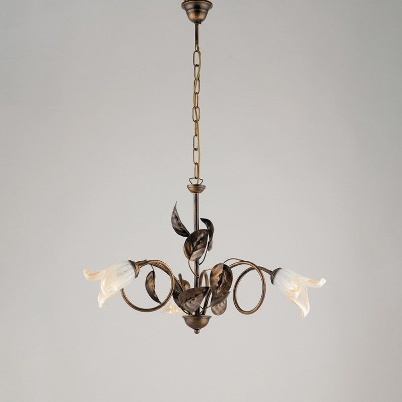 Lampadario in ferro Marrone Oro Vetri Bianchi Ambra tre luci 58x h43 cm