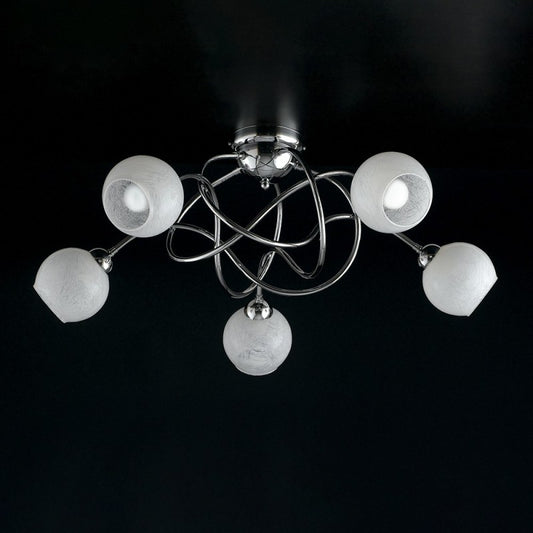 Plafoniera in ferro cromato lucido con vetri bianchi 5 luci 70xh. 28 cm