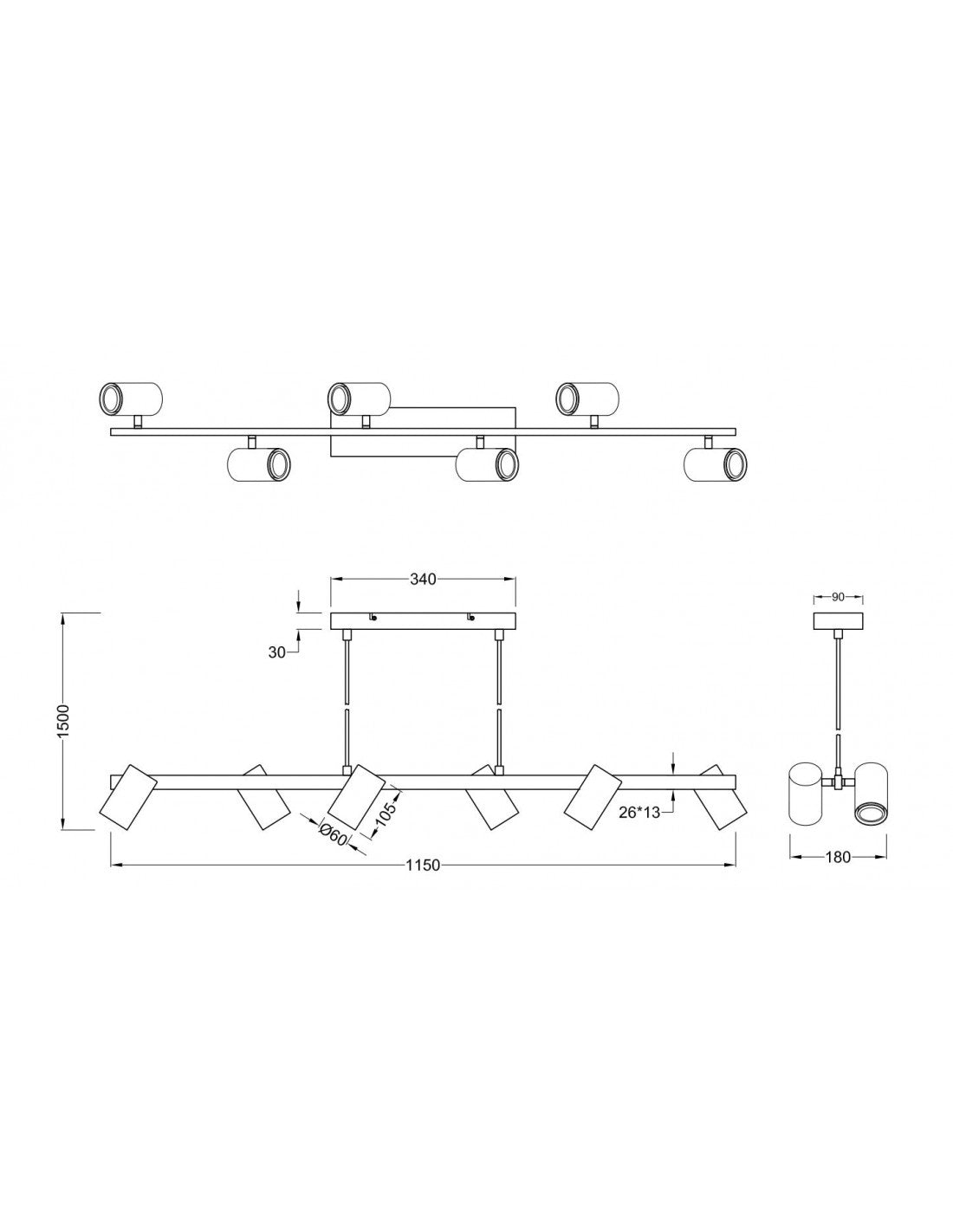 Lampadario Isola Legno 6 Spot Neri Cilindrici Orientabili Marley Trio Lighting