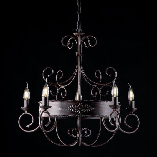 Lampadario in ferro laccato nero con decorazione ruggine 5 luci