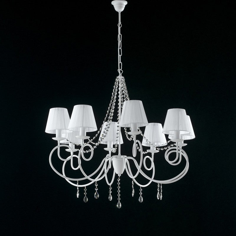 Lampadario in ferro Bianco otto luci decorazione shabby paralumi Bianchi 90x h75 cm