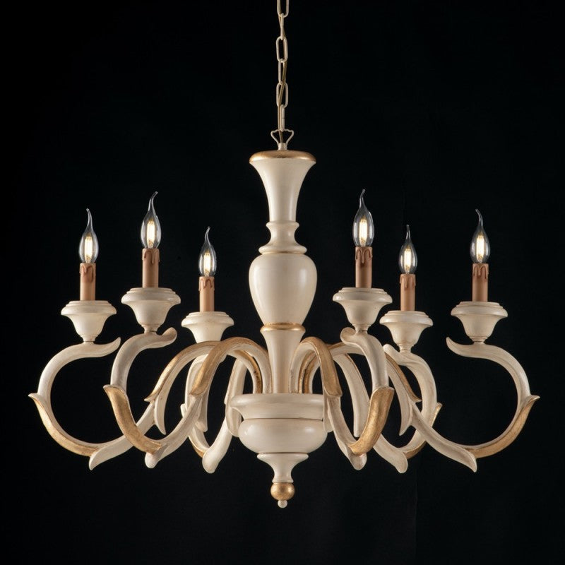 Lampadario in legno Avorio e Foglia Oro sei luci 91x h65 cm