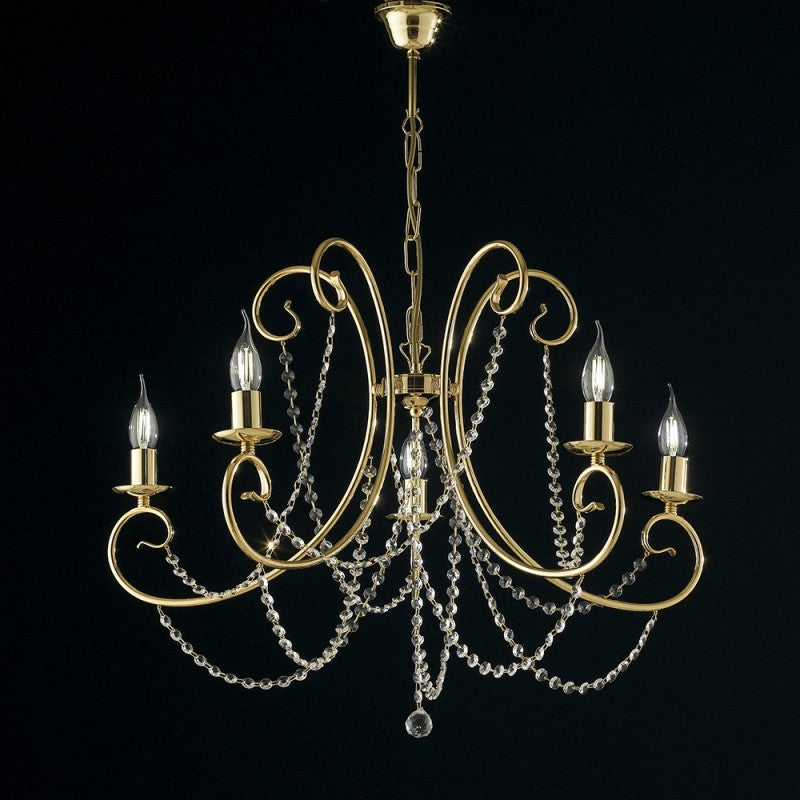 Lampadario in ferro Oro cinque luci con strass 68x h55 cm