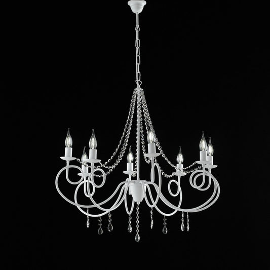 Lampadario in ferro Bianco otto luci decorazione shabby e strass 80x h75 cm