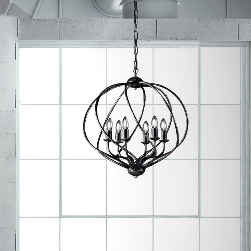 Lampadario deco sospensione ferro Nero decorazione Argento sei luci 57x h57 cm