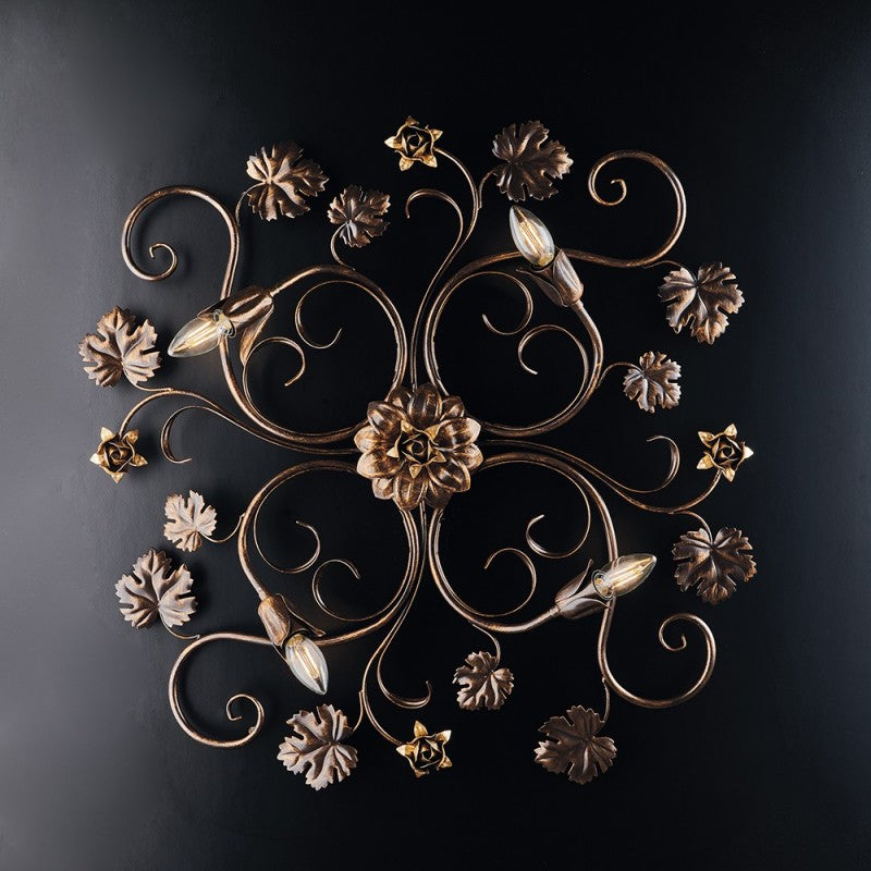 Plafoniera rosoni in ferro Marrone Oro quattro luci 76x67x h17 cm