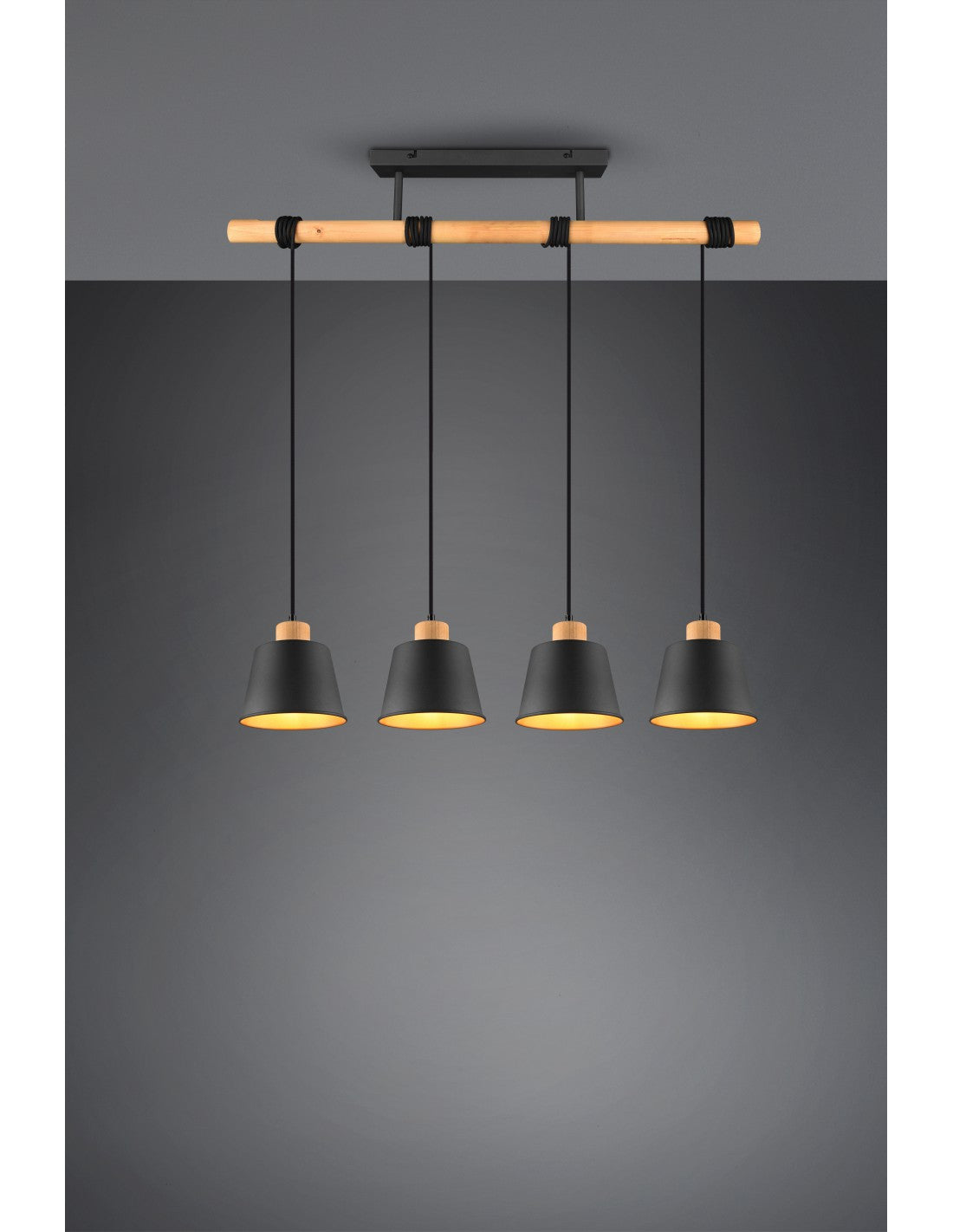 Lampadario Barra Legno 4 Paralumi Nero Oro Harris Trio Lighting